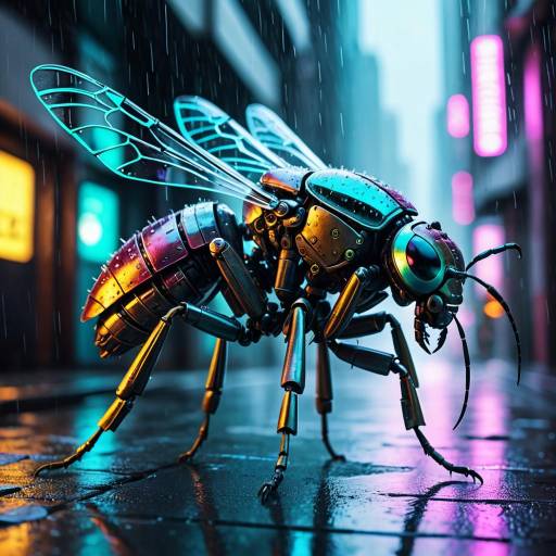 Futuristic Robotic Wasp in Neon Urban Rain
