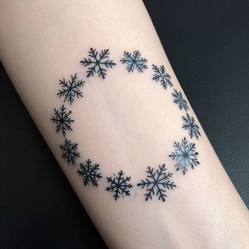 Photograph of a pale forearm with a black snowflake tattoo pattern, arranged in a circular formation on a dark background.