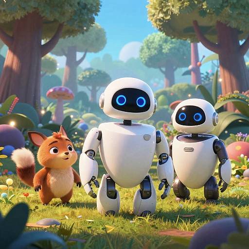 CGI image of a cute, furry orange fox standing beside two white, blue-eyed robotic figures in a vibrant, sunlit forest.