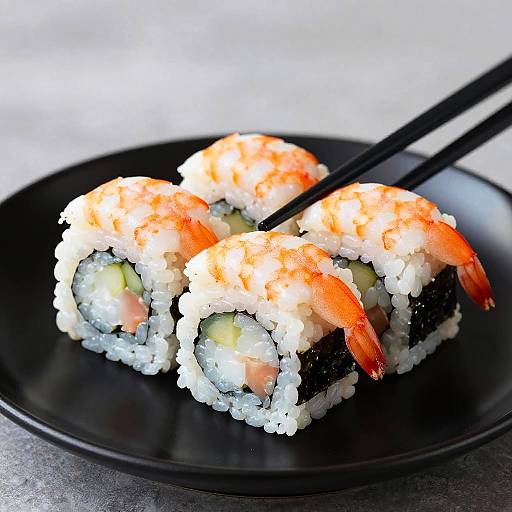 Photograph of four sushi rolls with shrimp, cucumber, and rice on a black plate, held by black chopsticks.