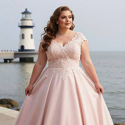 Photograph of a curvy woman with long brown hair in a pink, lace-embellished, V-neck ball gown standing in front of a