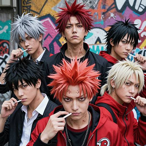 Digital art of six anime-style male characters with spiky hair, smoking, wearing black and red jackets, set against colorful graffiti background.