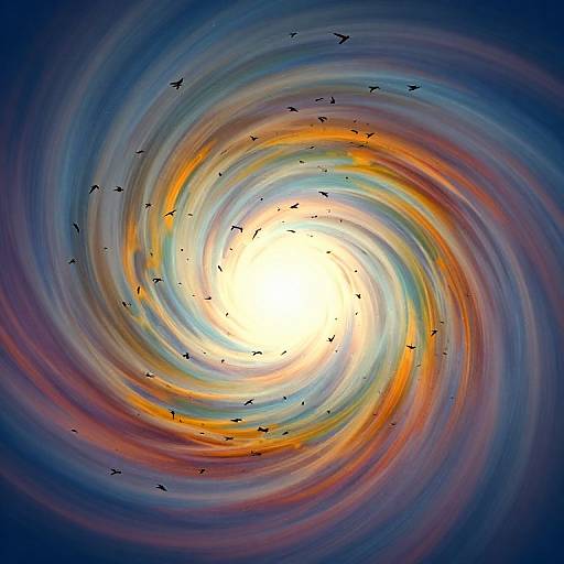 Digital artwork of a swirling vortex with vivid blue, orange, and yellow colors, centered on a bright white sun, surrounded by silhouetted birds