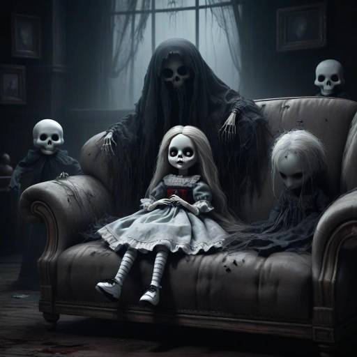 Dark, eerie photograph of a porcelain doll in a white Victorian dress, seated on a black tufted sofa, surrounded by ghostly child heads,