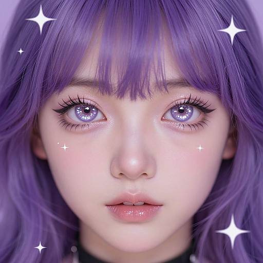 Digital portrait of a young woman with vivid purple hair, large sparkling blue eyes, and fair skin, adorned with star-like sparkles.