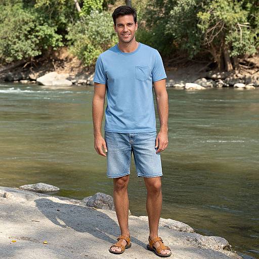 Photograph of a smiling, fit, dark-haired man in a light blue t-shirt and denim shorts, standing on a rocky riverbank, wearing brown