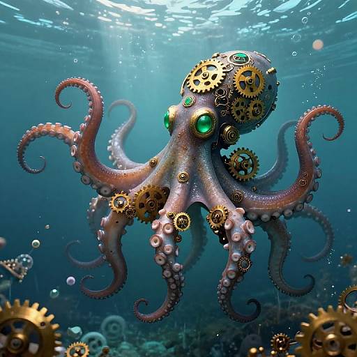 Digital artwork of a steampunk octopus with green eyes, gears on head and tentacles, floating underwater amidst floating gears and bubbles.