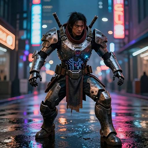 Cyberpunk warrior in metallic armor stands on a neon-lit, rain-soaked street, with glowing signs and blurred cityscape in background. Digital