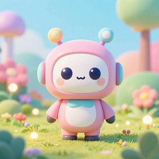 Cute, cartoon-style, pink robot with round black eyes, white face, and blue accents stands in a sunny, colorful, flower-filled garden.