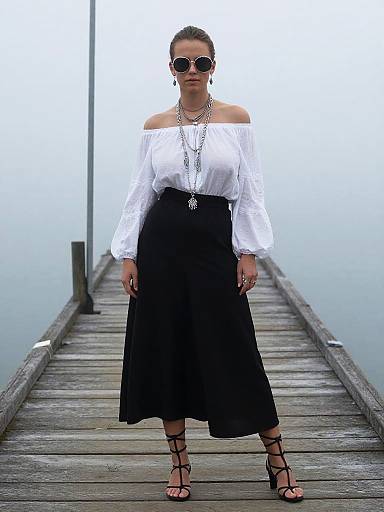 Bohemian Woman on Foggy Fishing Pier