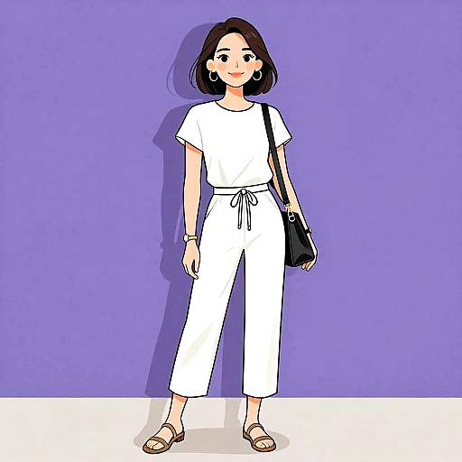 Digital drawing of a smiling woman with short black hair, wearing a white t-shirt, white pants, and sandals, against a purple background. She carries
