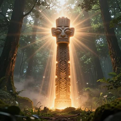 Photorealistic digital art of an ancient, intricately carved stone pillar emitting radiant light rays in a misty, dense forest.