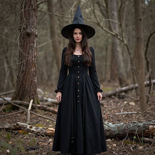 Photograph of a young woman in a black witch costume with a pointed hat, standing in a dense, wooded forest.