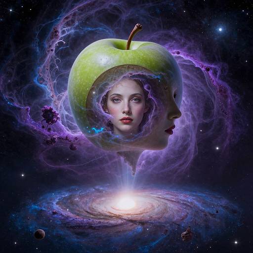 Digital surreal art: A pale-skinned woman's face emerges from a green apple, surrounded by cosmic purple tendrils, with a galaxy and starry