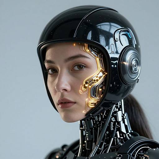Photorealistic CGI of a young woman with a futuristic black helmet, cybernetic enhancements, glowing orange circuitry on her cheek.