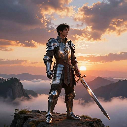 Digital art of a muscular, young knight in shiny silver armor with a sword, standing on a rocky cliff at sunset, with mountains and misty clouds