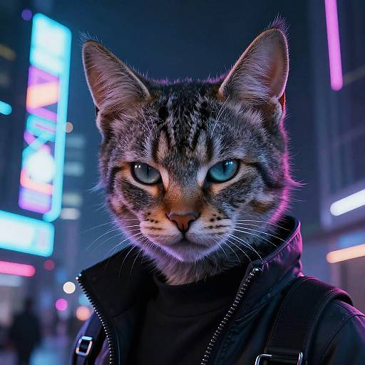Photorealistic digital artwork of a tabby cat with striking blue eyes, wearing a black jacket, standing in a neon-lit city street at night