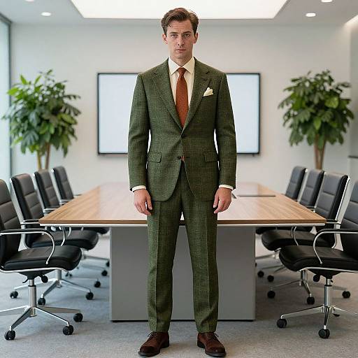 Photograph of a handsome young man in a green checkered suit, white shirt, and brown tie, standing in a modern conference room with a wooden