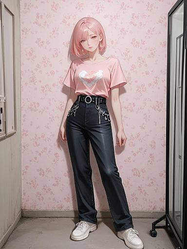 Digital anime-style drawing of a pink-haired girl in a pink heart-print shirt, black high-waisted pants, white sneakers, standing in a narrow