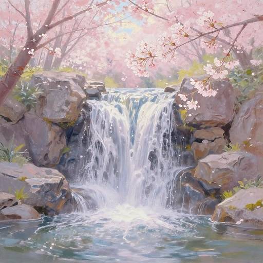 Digital painting of a serene waterfall cascading over rocky terrain, surrounded by pink cherry blossoms, with sunlight filtering through branches.