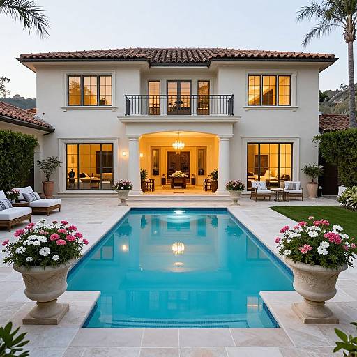 Photograph of a luxurious, two-story Mediterranean-style house with a rectangular blue pool, white facade, orange-lit interior, and flower pots flanking