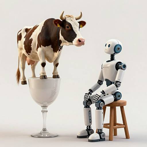 Photograph of a white and brown cow with horns standing on a pedestal facing a white robotic figure seated on a wooden stool.