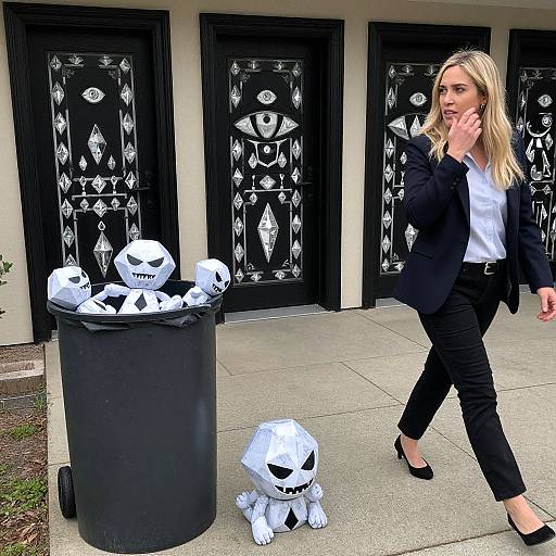 Photograph of a blonde woman in black blazer and pants, walking past two black doors with white eye designs, beside a trash can filled with white