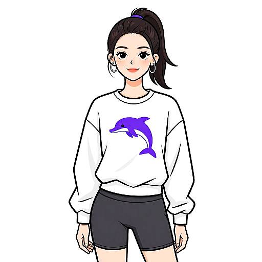 Smiling woman in dolphin sweatshirt and cycling shorts
