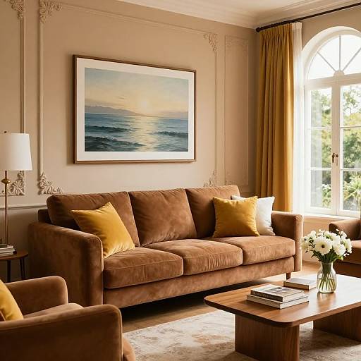 Cozy Living Room with Seascape Art