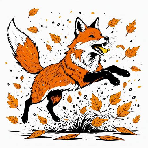 Comic-style Fox Leaping with Autumn Leaves