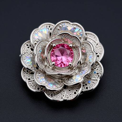 Photograph of a silver flower-shaped pendant with a pink gemstone center and intricate, sparkling, cut-out petals on a black background.