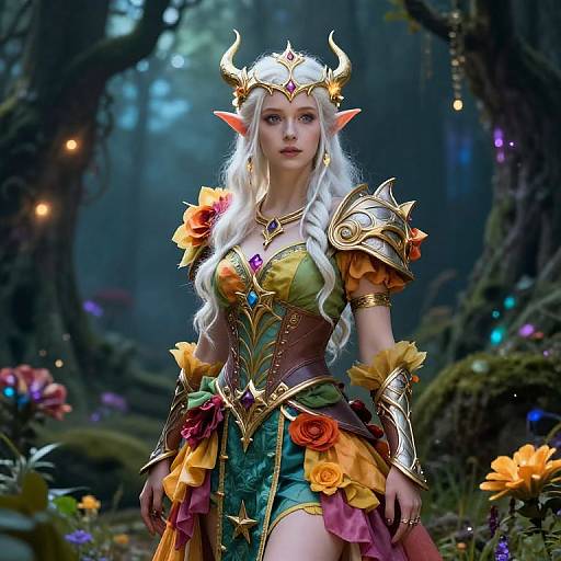 Digital fantasy artwork of a white-haired, elf woman with horns, wearing ornate golden armor, colorful floral skirt, and gemstone necklace, standing in
