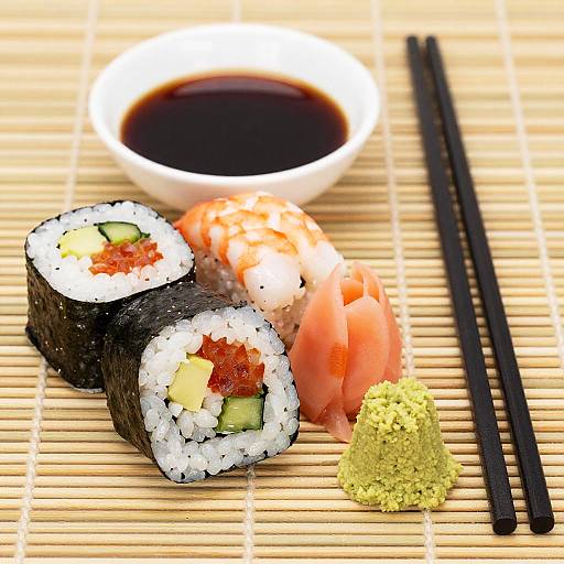 Neatly Arranged Sushi Plate with Soy Sauce