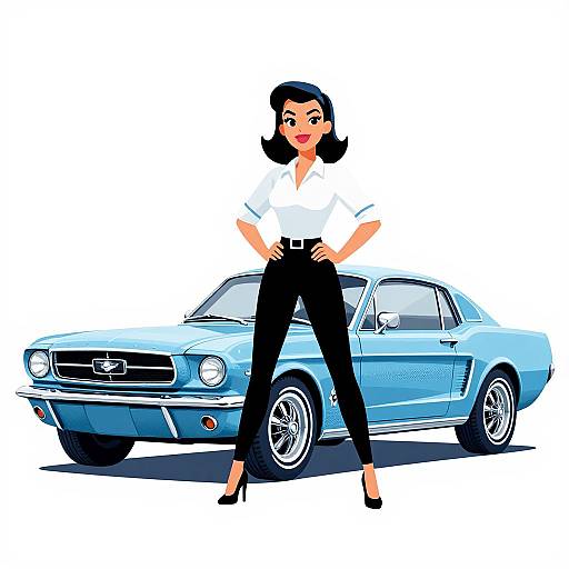 Digital illustration of a confident woman with black hair in a white blouse and black pants, standing with hands on hips in front of a blue classic muscle car