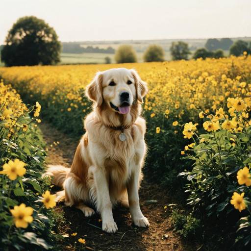 Golden Retriever Sitting in Flower Field Golden Retriever Sitting in Flower Field