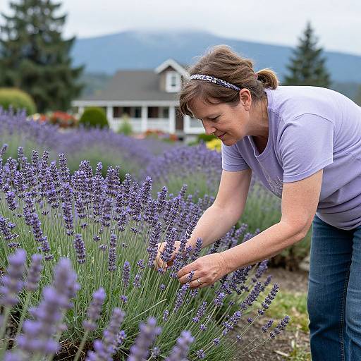 Photograph of a Caucasian woman with brown hair, wearing a white headband and t-shirt, bending to pick lavender in a garden, with a white