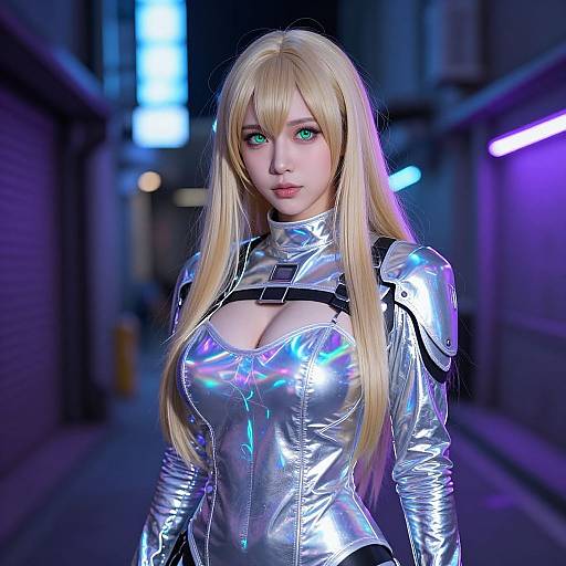 Photorealistic digital art of a blonde woman with green eyes, wearing a shiny silver, cleavage-revealing sci-fi outfit, in a neon