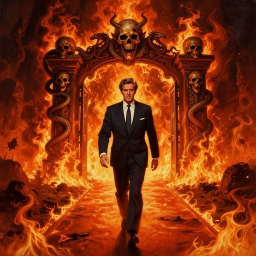 Digital artwork: A suited man walks through a fiery archway flanked by skeletal heads with horns and serpent-like figures.