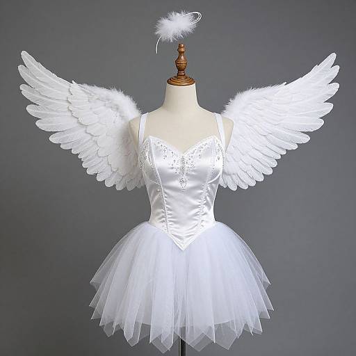 Photograph of a white, satin bodice and tulle tutu angel costume with feathered wings and a small feathered halo on a manne