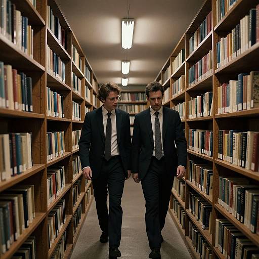 Men in Suits in Dim Library Aisle