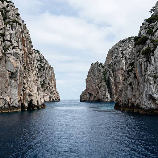 Photograph of a narrow, rocky coastal passage with towering cliffs on both sides, dark blue water, and a partly cloudy sky.