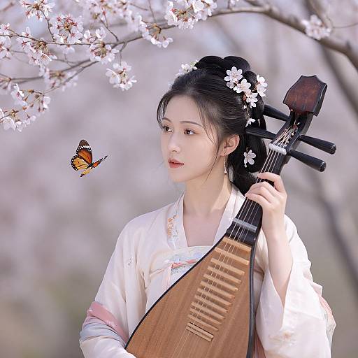Photograph of an East Asian woman with fair skin, black hair, wearing a white kimono, holding a wooden shamisen, adorned with cherry bloss