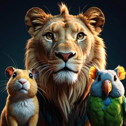 Cartoon Portrait of Lioness, Hamster, and Parrot