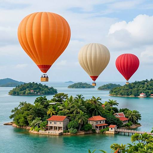 Photograph of three colorful hot air balloons—orange, beige, and red—over a lush tropical island with palm trees, red-roofed houses
