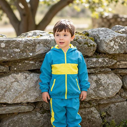Photograph of a young boy with dark hair, wearing a blue and yellow jacket and pants, standing against a moss-covered stone wall in a sunlit