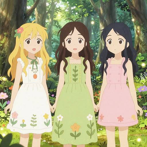 Anime Trio in Enchanted Forest