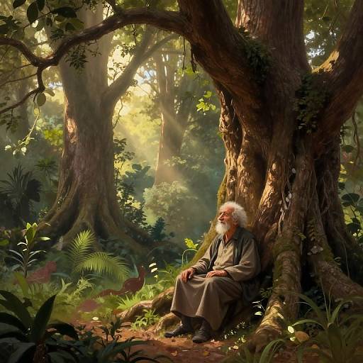 Digital painting of an elderly man with a white beard, sitting against a massive tree in a sunlit, lush forest, surrounded by ferns and d