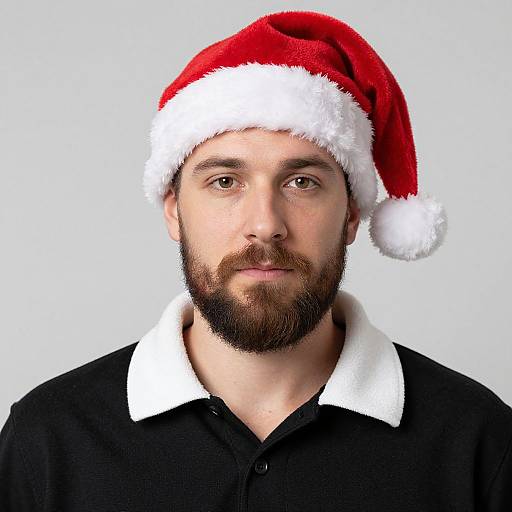 Photograph of a bearded man with brown eyes, wearing a red Santa hat with white trim and a black shirt with a white collar, against a