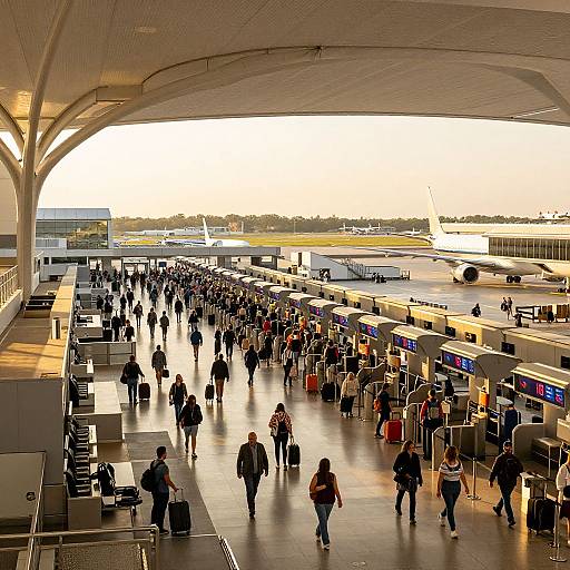 Photograph of a busy airport terminal with sunlight streaming in, showing numerous travelers with luggage at check-in counters and security gates.