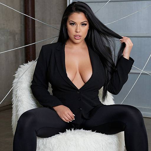 Photograph of a curvy woman with long black hair, deep cleavage in a black blazer and pants, seated on a white fuzzy chair,